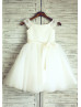 Lace Cap Sleeves Ivory Satin Tulle Wedding Flower Girl Dress 